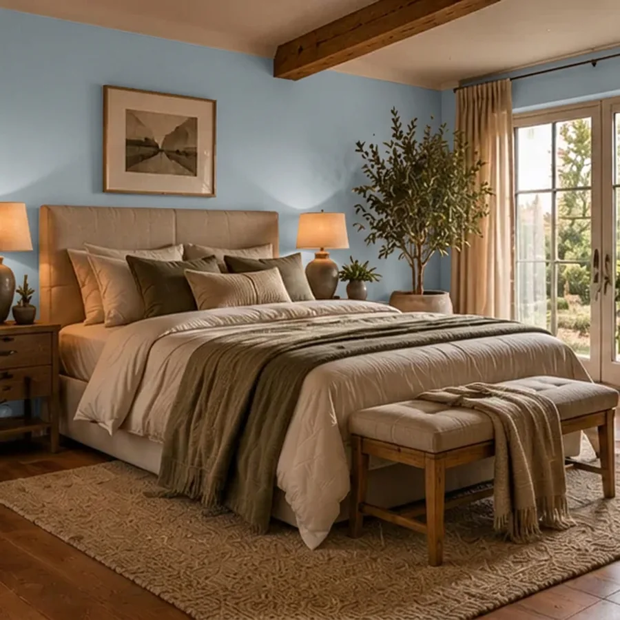 Rustige slaapkamer met de wand achter het bed in ijsblauw
