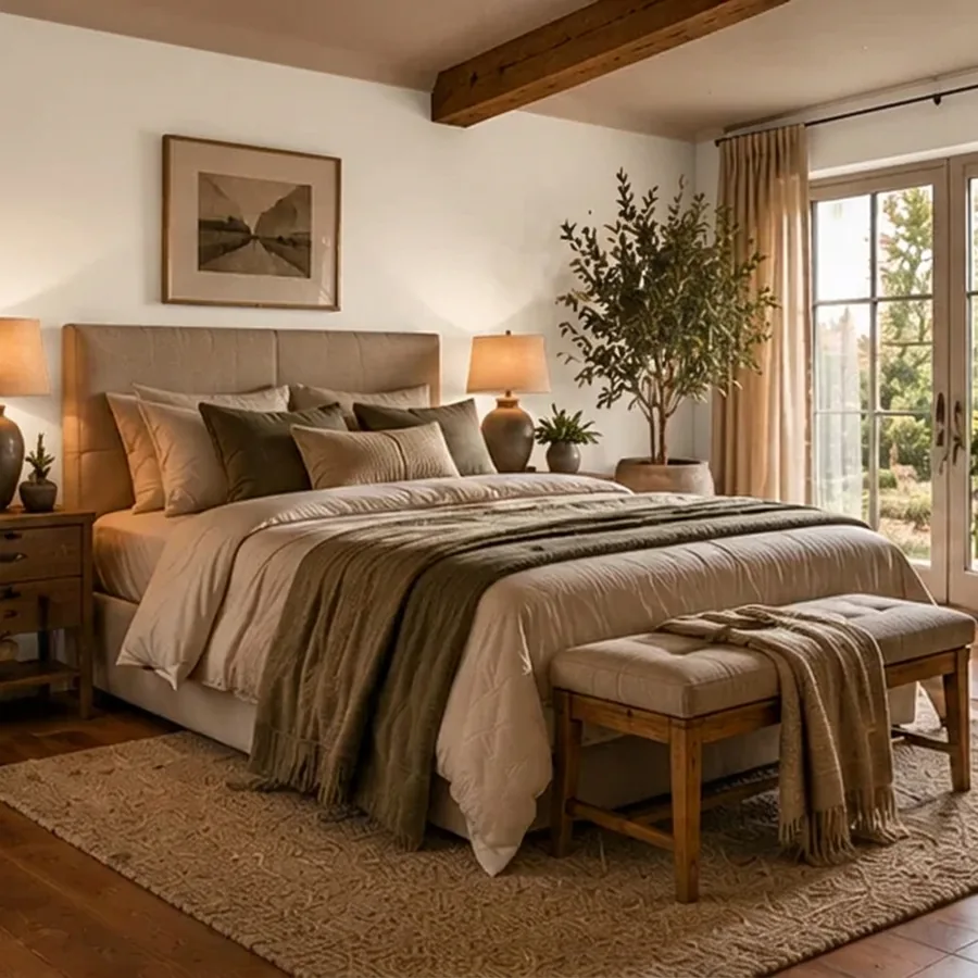 Rustige slaapkamer met de wand achter het bed in warm wit
