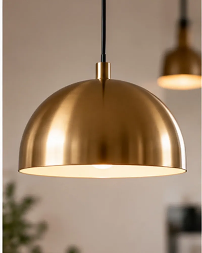 Messing koepelvormige hanglamp boven een keukenblad