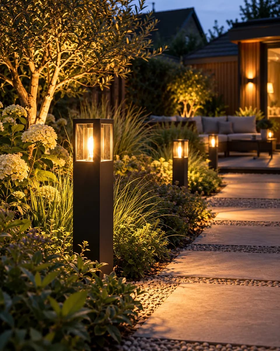 Zwarte staande tuinlampen langs een pad in de avond