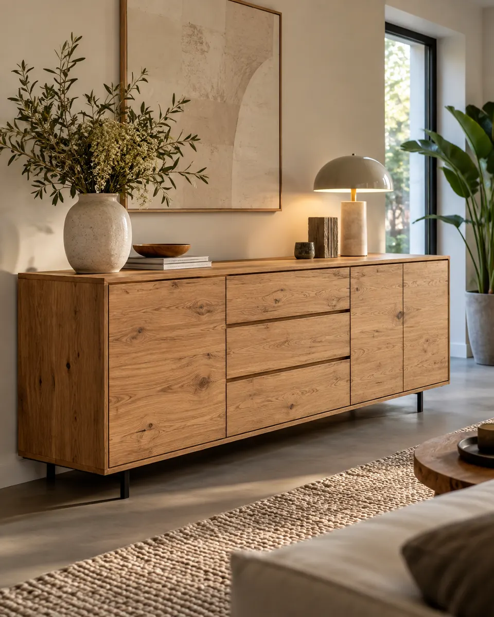 Eikenhouten dressoirkast met lades, een tafellamp en een vaas