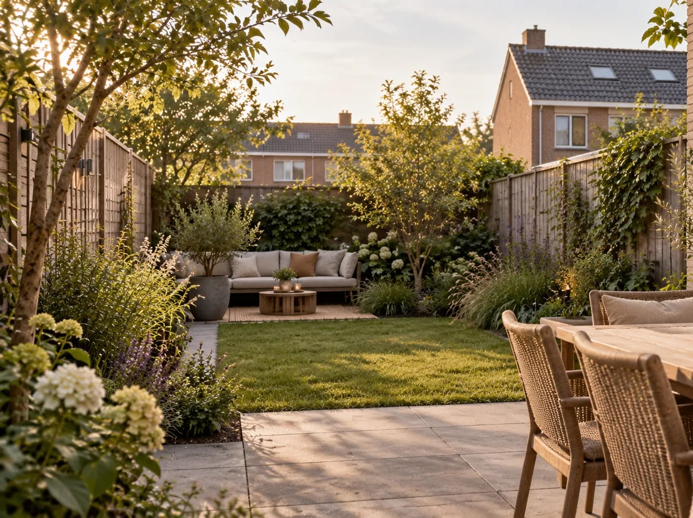 Voor en na: links een tuin zoals hij nu is, rechts dezelfde soort tuin opnieuw ingericht
