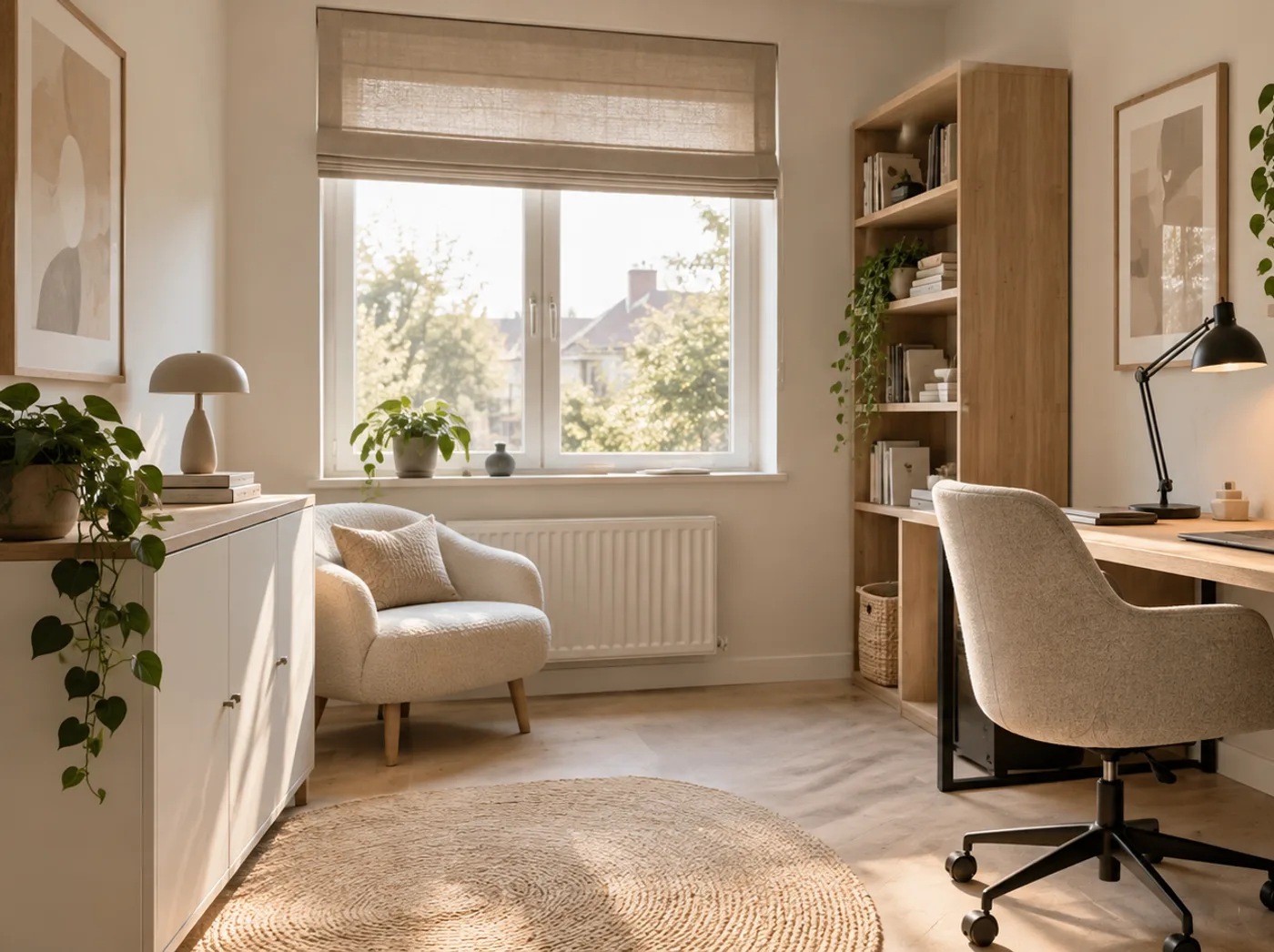 Voor en na: links een werkkamer zoals hij nu is, rechts dezelfde soort werkkamer opnieuw ingericht