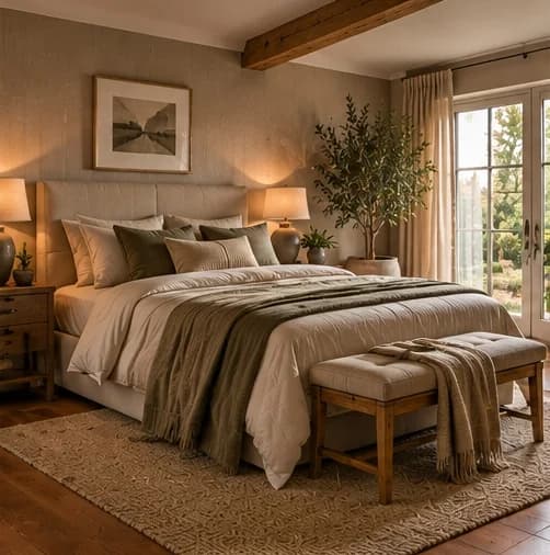 Landelijke slaapkamer met warme houten vloer, linnen beddengoed met saliegroene plaid en een houten balk aan het plafond